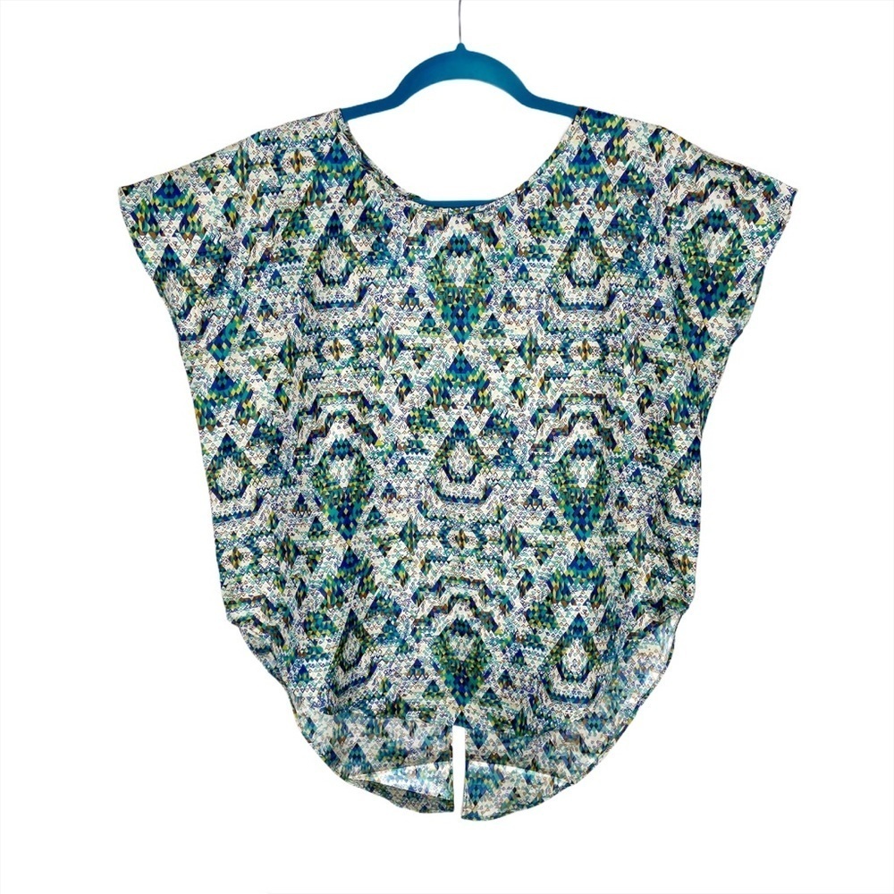 NWT Parker Cap Sleeve Split Back Green & Blue Geometric Print Blouse